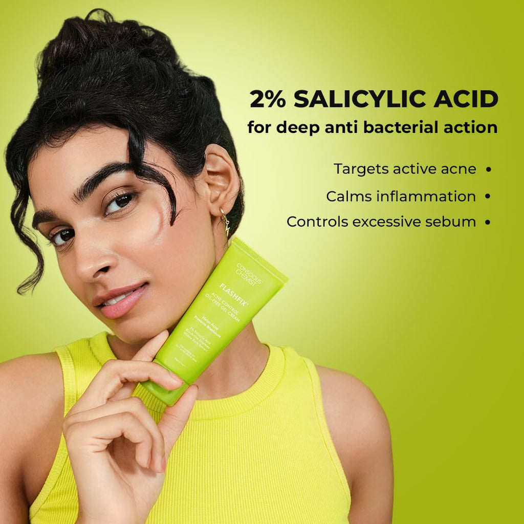 Conscious Chemist® 2% Salicylic Acid Cream | 50g | Acne Spot Corrector | Moisturizer for Oily Acne Prone Skin, Face Cream for Men & Women, Overnight Acne & Oil Control, Itchiness & Redness, Non greasy Gel Cream - Flashfix