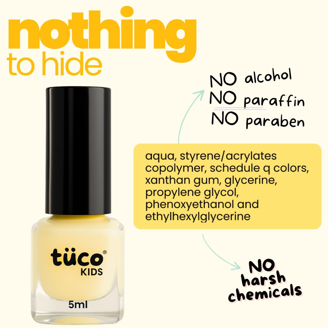 TucoÂ® Kids Water Based Safe Nail Polish for girls | Easy to Peel Off, Non Toxic, Natural & Safe for Kids | Play Safe with Chemical Free Nails for Daughters | Pack of 1x5ml | Yellow