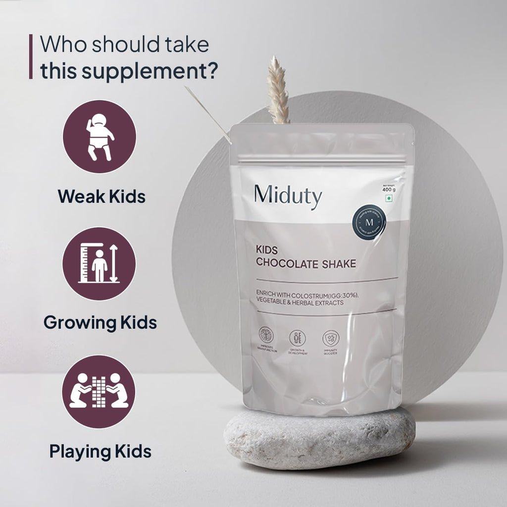 Miduty by Palak Notes Kids Chocolate Shake, Kids Chocolate Powder, Immunity Booster, Added Colostrum, Nutrient-rich Blend of Vitamins, Minerals, MCT Powder, Brahmi Extract, Brain Immunity - 400g