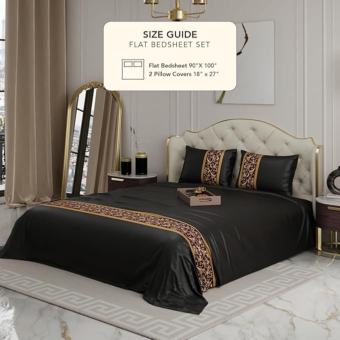 Stoa Paris Solid Bedsheets For Double Size Bed 300 Threadcount Satin Bedsheet Set Colour Black-Gold