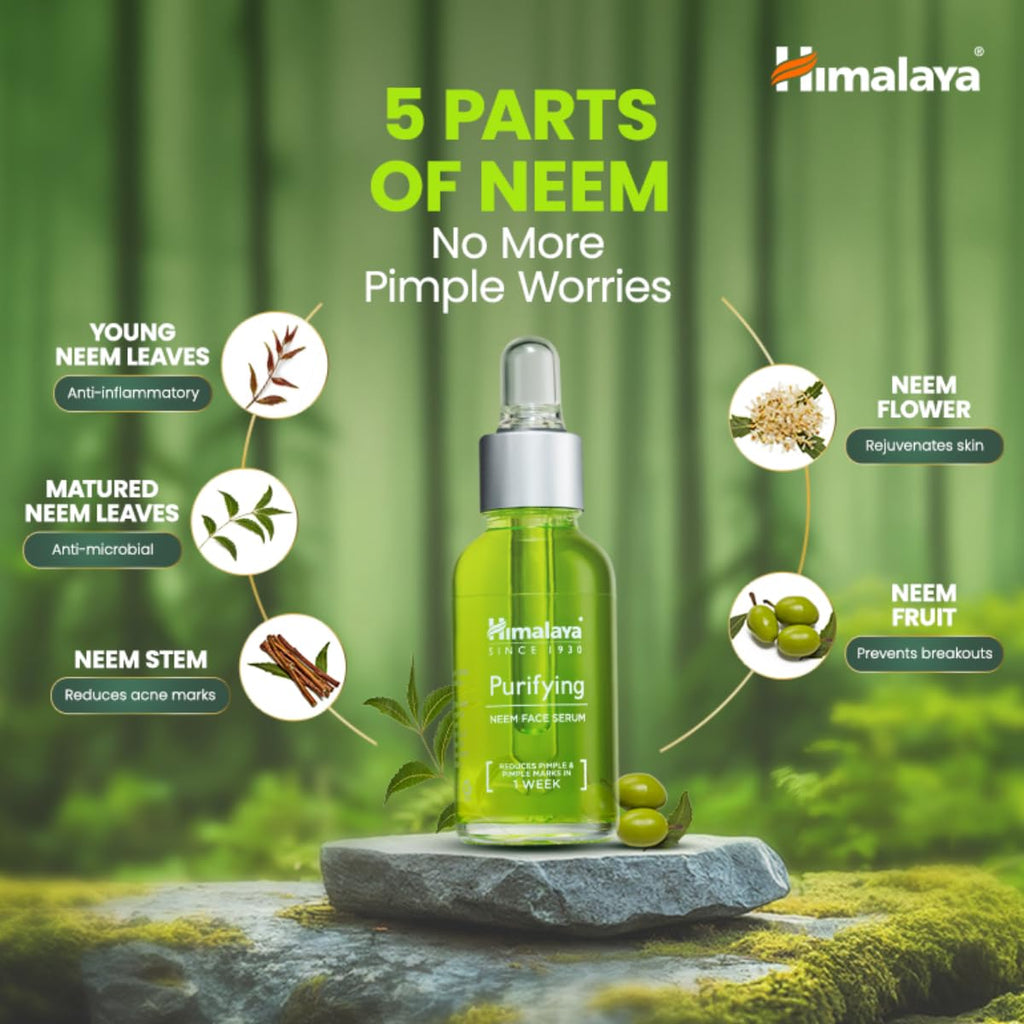 Himalaya Purifying Neem Face Serum | 2% Natural Salicylic Acid & Cica & Neem | Reduces Acne & Acne Marks | Tightens pores & soothes inflammation | Made with 98% Natural Origin Ingredients | Made for Acne prone skin | 15 ml