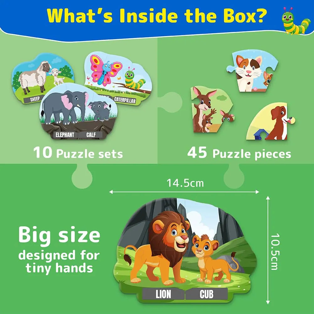 Funtad Puzzle Up Learn Animal Babies 10-in-1 Entry Level Puzzle 45 Big Size Jigsaw Pieces Montessori Educational Toy for Boys & Girls Age 3, 4 & 5 yrs