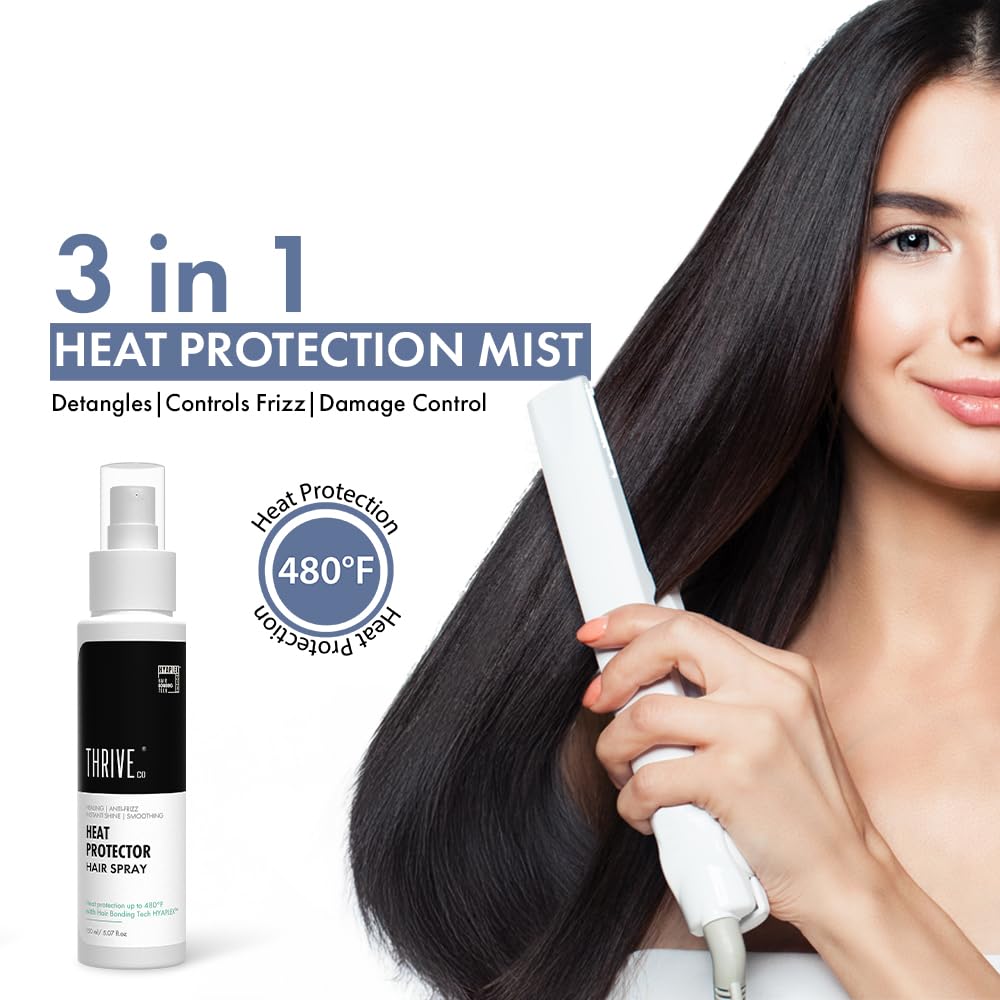 ThriveCo Heat Protection Spray For Hair -150 Ml, Hair Styling Spray For Women & Men, Heat Protectant Spray For Hair Upto 250Â°C & 2X Less Hair Breakage I Frizz Free & Helps In Damage Control