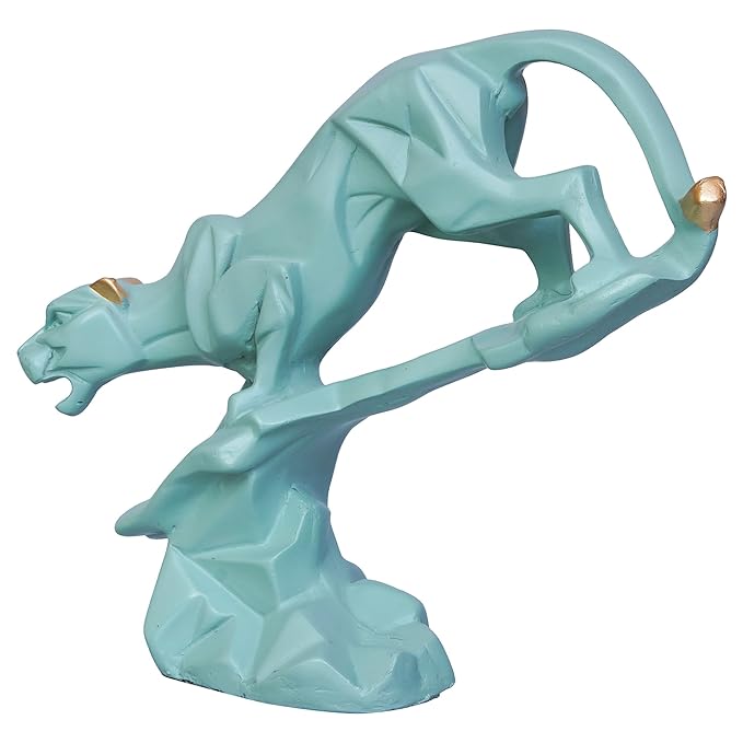 Ecraftindia Green Polyresin Black Panther Jaguar Statue on Rock Animal Showpiece