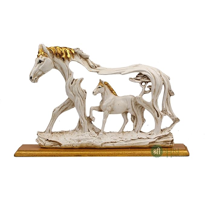 Indicast Resin 8" Inch Action Handmade Vintage Horse Statue With Baby Horse Antique Finish Animal Figurines Gifts | White