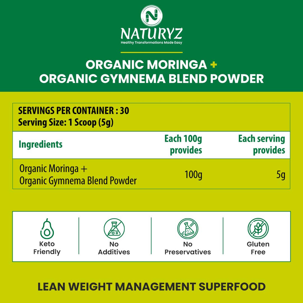 NATURYZ Organic Moringa +Gymnema ( Gudmar) Powder leaves for Lean Weight Management | Supports Blood Sugar Control, Reduces Cravings & Enhances Metabolism | Energy | Detox | Immunity | USDA Organic Certified | Pesticides & Chemical-Free - 150g
