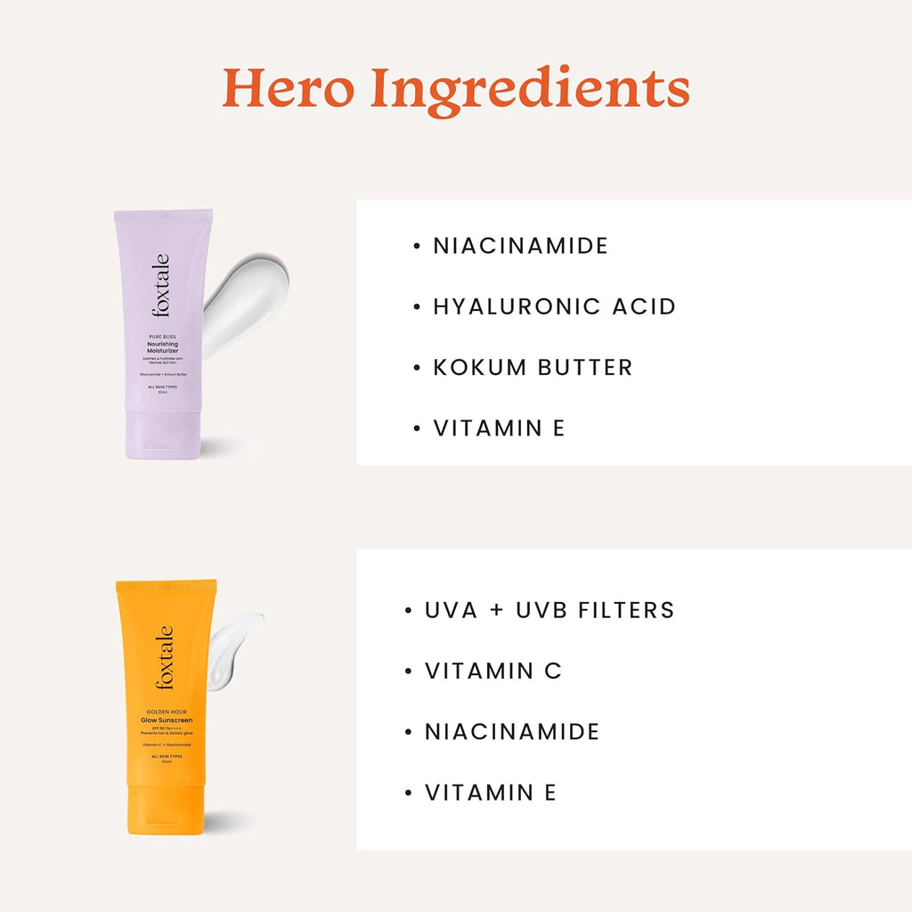 Foxtale Healthy Glow Combo for Soft and Hydrated Skin and a Healthy Golden Glow with Nourishing Moisturizer - 50 ml and Glow Sunscreen - 50 ml, For All Skin Types, Men & Women