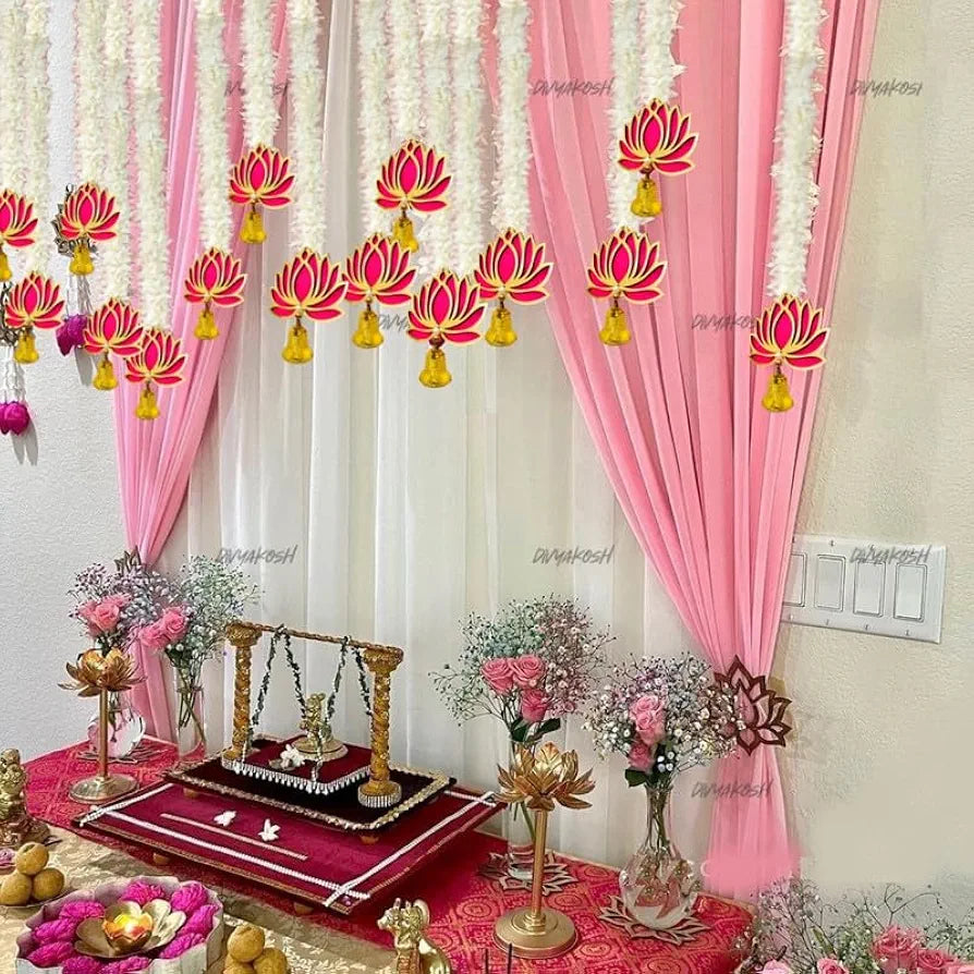 Lotus Hanging White Artificial Flowers 5 Strings Floral Wall Hangings Lotus W/ Bell Style 5 Ft Each-152.4 Cm