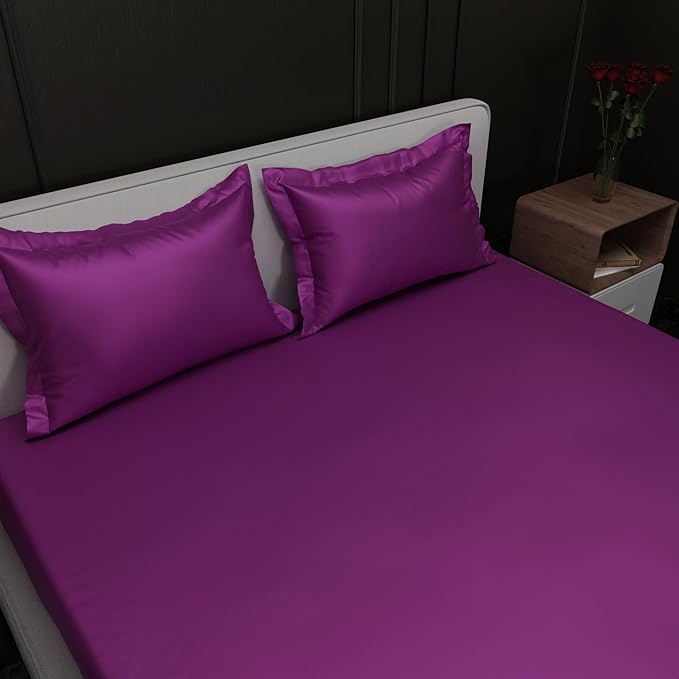 Stoa Paris Satin Elastic Fitted Bedsheets 300TC Premium Fitted Sheet 2 Pillow Covers Colour Plum