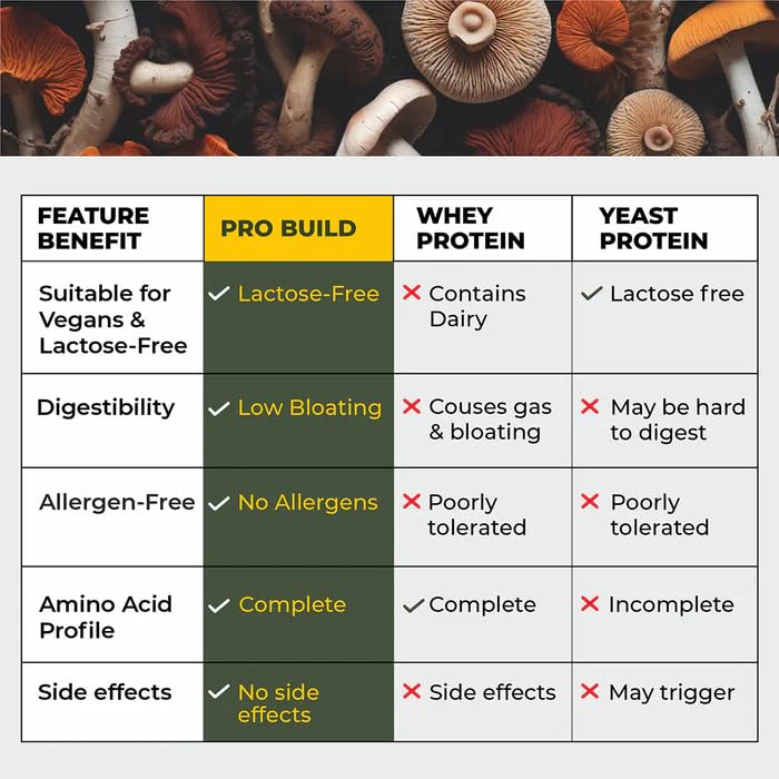 Cureveda Pro-Build Plant Protein Powder | 27g Vegan Protein + 6 Mushrooms | 5.1g BCAA & Digestive Enzymes | Cordyceps, Lionâ€™s Mane, Reishi, Chaga, Shiitake, Turkey Tail | Chocolate | 500g