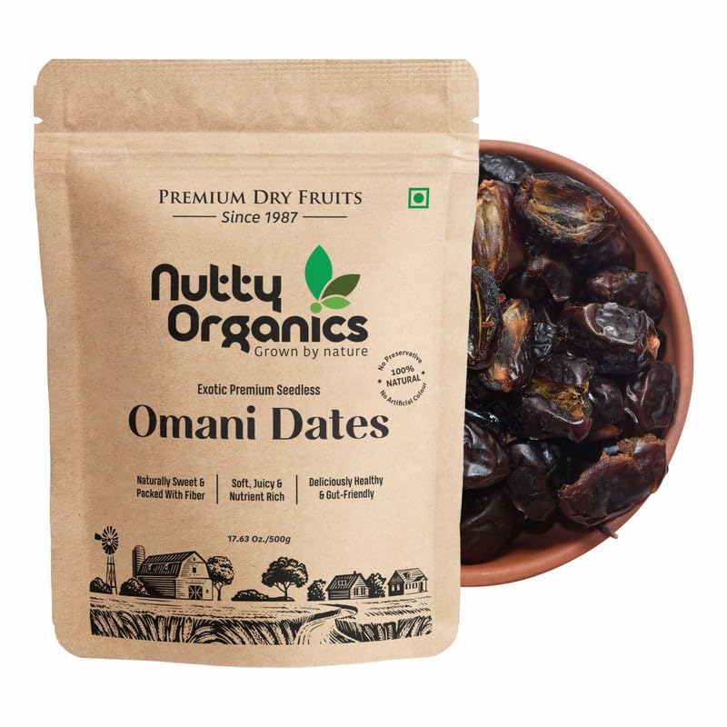 NUTTY ORGANICS Seedless Omani Dates 500 gm – Hygienically Vacuum Packed, Soft & Naturally Sweet | Healthy Snack