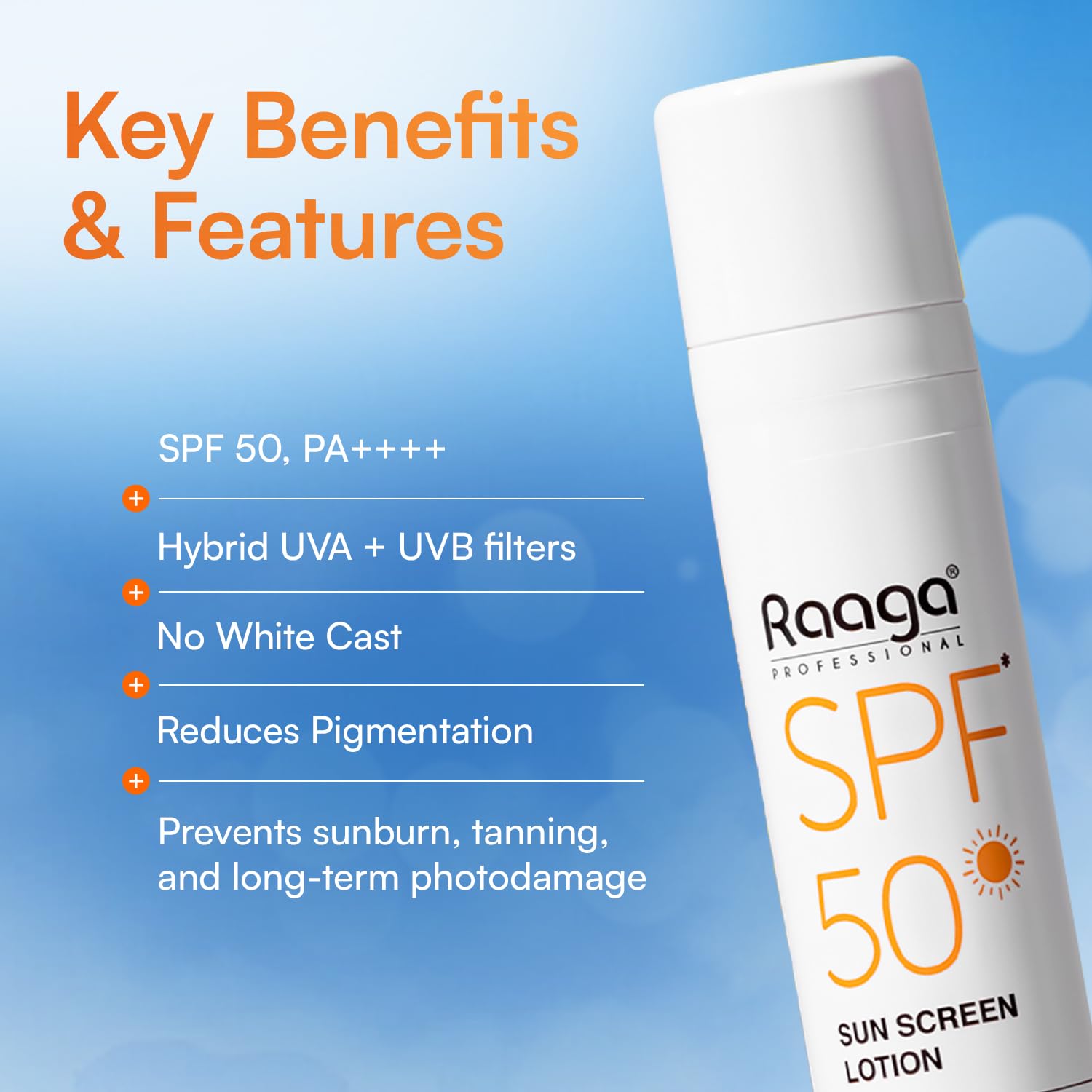 Raaga Professional SPF 50 Sunscreen Lotion | PA++++, UVA + UVB Protection,All Skin, Anti Tan Activities, Non-Greasy Feel, Water and Sweat Proof Technology (55 ml)