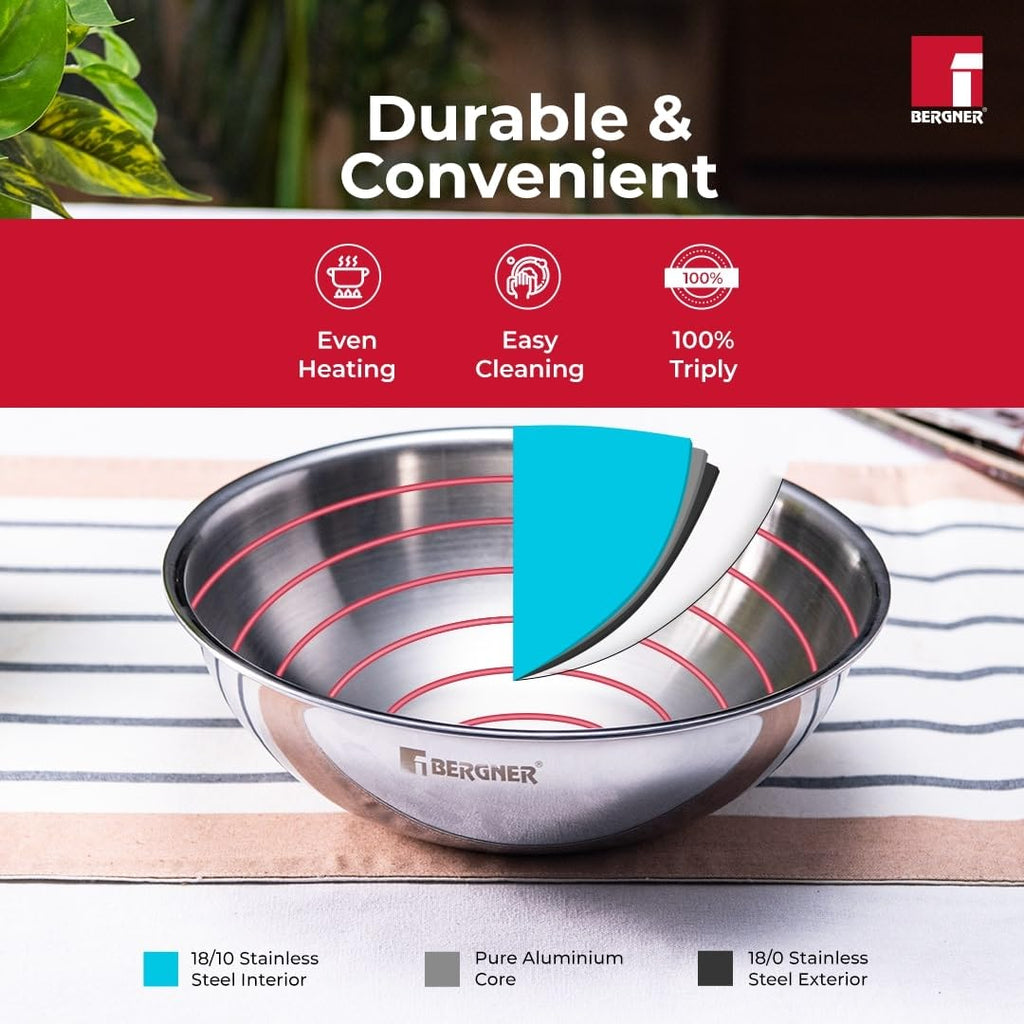 Bergner Tripro Triply Stainless Steel Cook and Serve 28cm Tasla | Tasra Kadai | Handleless Wok | 4.25 Litres