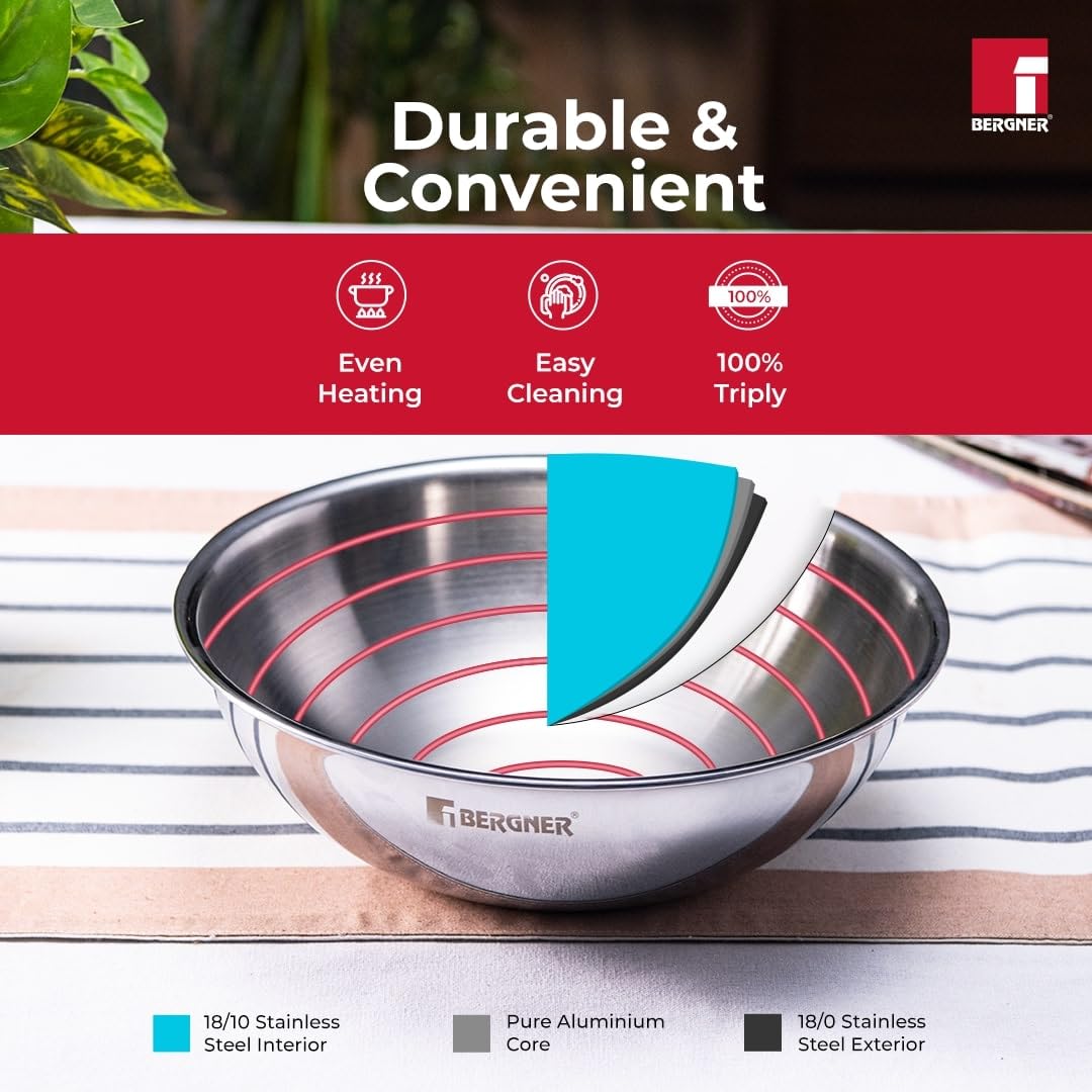 Bergner Tripro Triply Stainless Steel Cook and Serve 28cm Tasla | Tasra Kadai | Handleless Wok | 4.25 Litres