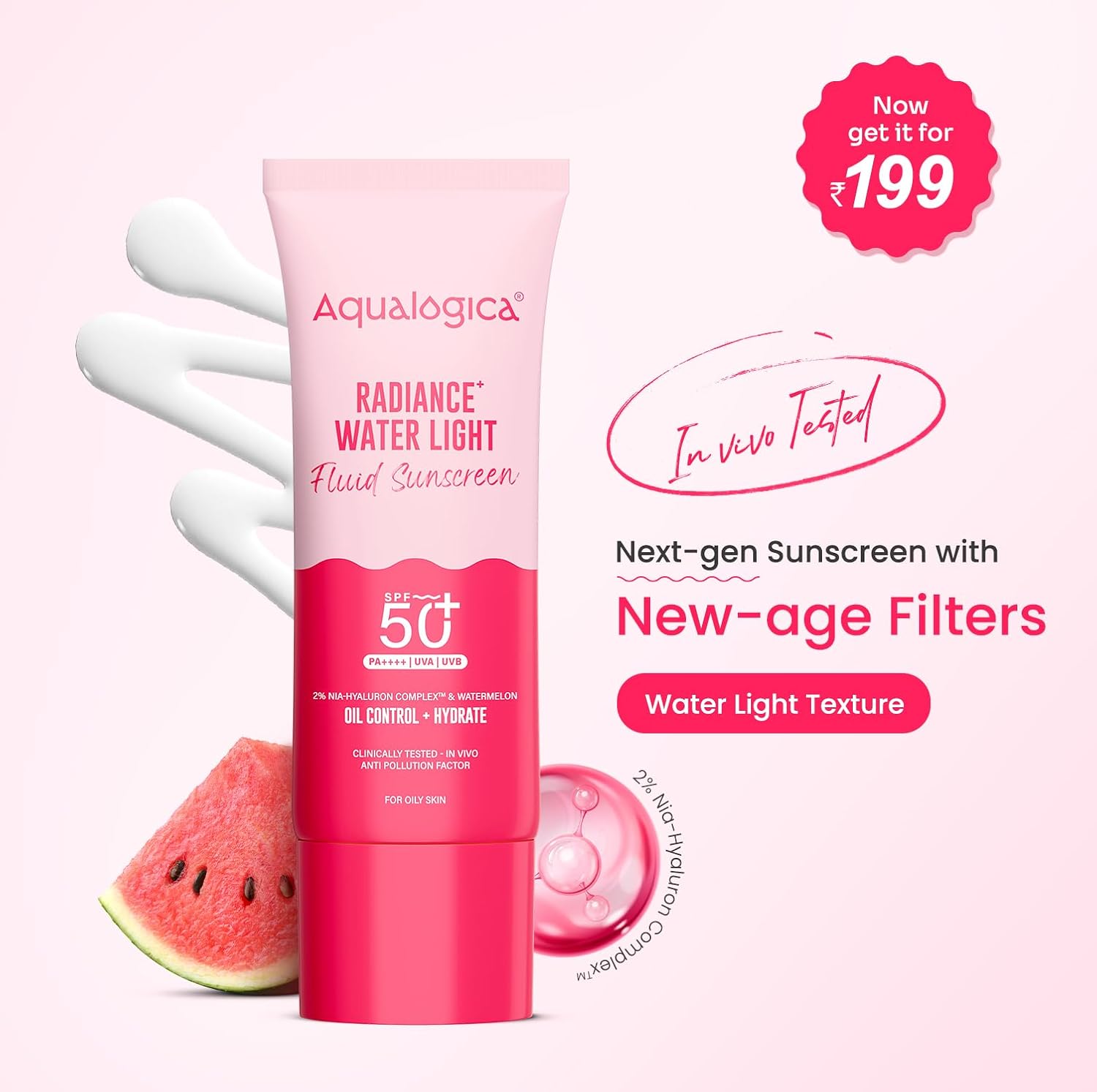 Aqualogica Radiance+ Water Light Fluid Sunscreen SPF 50+ PA++++, 25g | 2% Nia-Hyaluron Complex | Broad Spectrum UVA/UVB & Blue Light Protection | Fragrance-Free | No White Cast | Ultra-Lightweight | Travel Friendly | For Men & Women