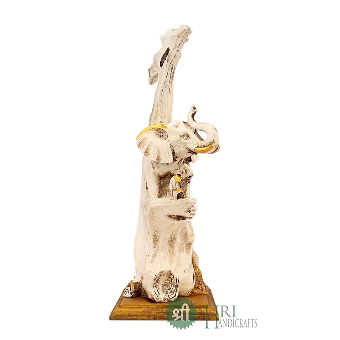 Indicast 10" Inch Resin Elephant Statue With Tree and Baby Animal Figurines Handcrafted Decorative Showpiece | White