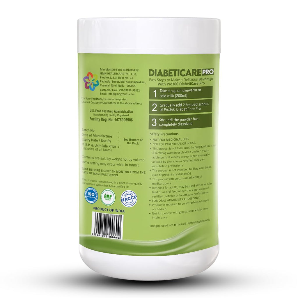 Pro360 Diabetic Care Protein Supplement Powder for Dietary Management of People With Diabetes - Helps in Managing Blood Glucose - No Added Sugar - Kesar Pista Flavor - 200g