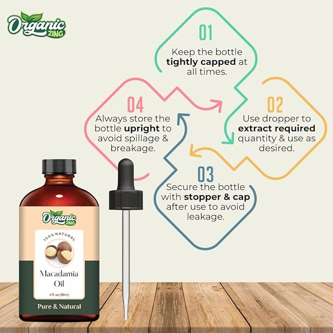 Organic Zing Macadamia Carrier Oil for Skin, Face, Hair Care, Aromatherapy, Diffuser, Conditioner - 118 Ml