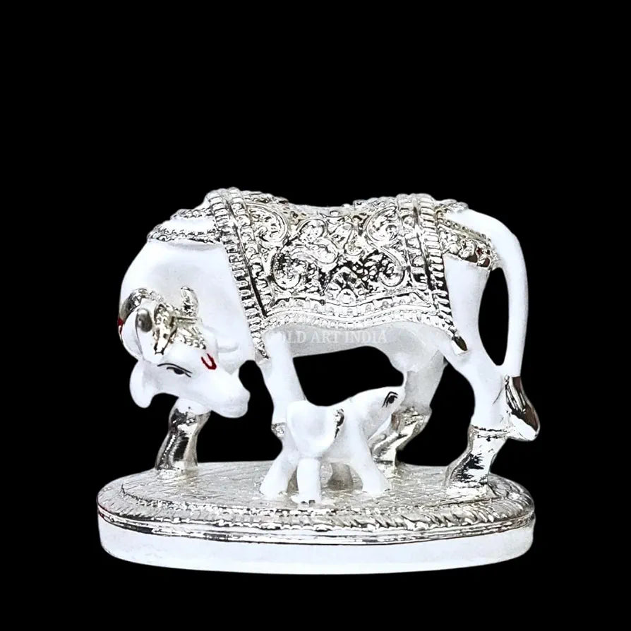 Gold Art India Kamdhenu Cow with Calf Idol White & Silver Plated Finish