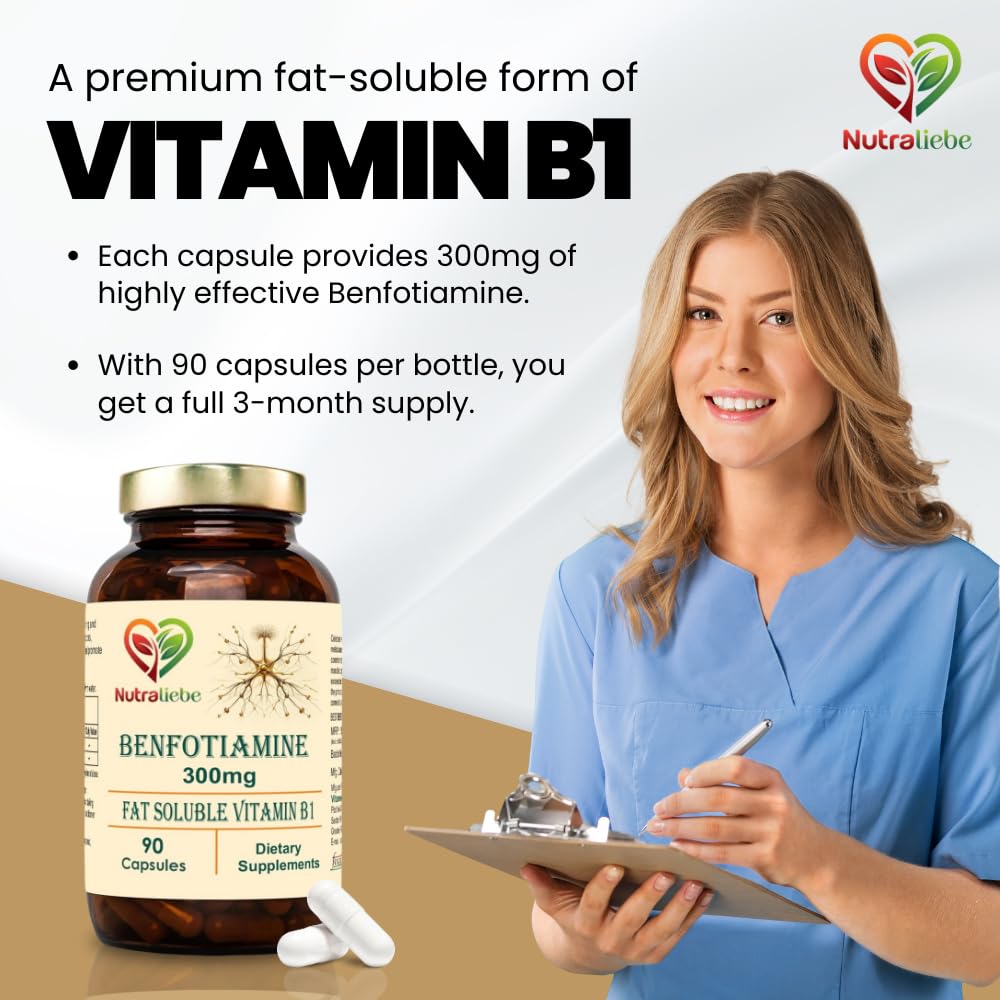 Nutraliebe Benfotiamine 300mg - Fat Soluble Vitamin B1 for Nerve Health Support, 90 Capsules
