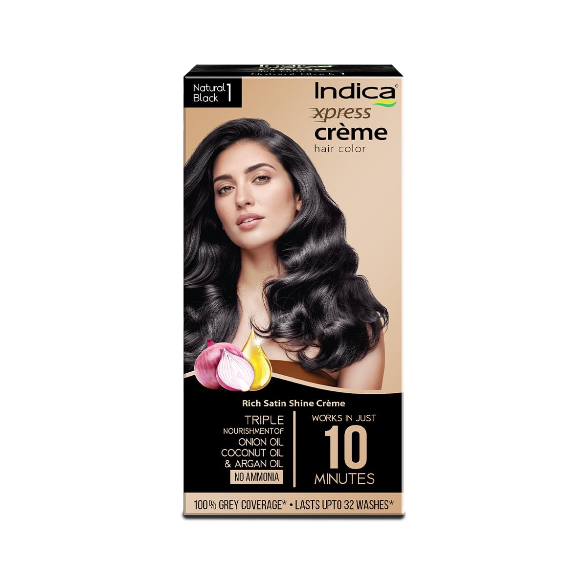 Indica Xpress CrÃ¨me Hair Color Natural Black 1 | 60g+75ml | 10min Color | No Ammonia | Onion, Coconut & Argan Oil | 100% Grey Coverage | Lasts Up to 32 Washes