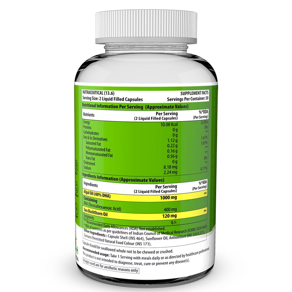 Naturyz Vegetarian Omega 3 Algae + Sea buckthorn Oil Capsules 1120mg | Highest Strength DHA 400mg | Gelatin Free, No Burps, No Fish Oil | Supports Healthy Heart, Skin, Brain & Gut | Plant source for Men & Women | 60 Liquid fill Capsules