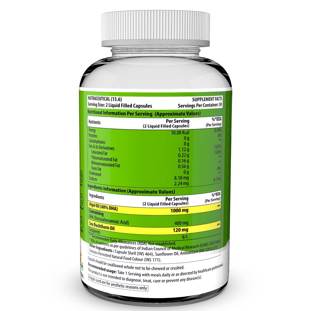 Naturyz Vegetarian Omega 3 Algae + Sea buckthorn Oil Capsules 1120mg | Highest Strength DHA 400mg | Gelatin Free, No Burps, No Fish Oil | Supports Healthy Heart, Skin, Brain & Gut | Plant source for Men & Women | 60 Liquid fill Capsules