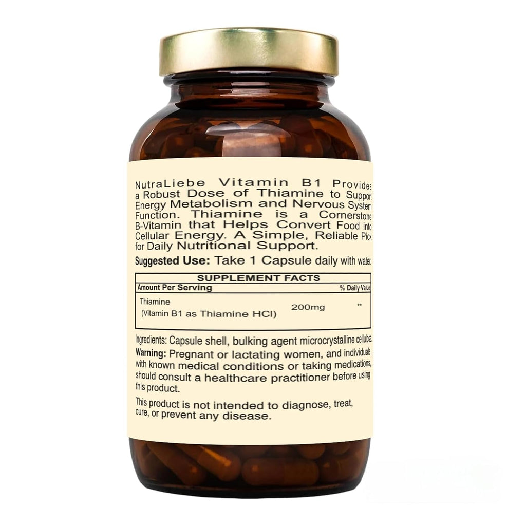 Nutraliebe Vitamin B1 (Thiamine HCl) â€“ High-Potency Energy & Nervous System Support | Promotes Metabolism, Heart Health & Brain Function | 90 Vegetarian Capsules | Non-GMO & Gluten-Free
