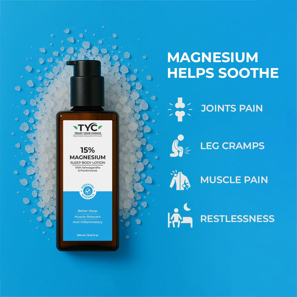TYC Trust Your Choice Magnesium Sleep Body Lotion, 15% Magnesium Chloride with Ashwagandha and Frankincense Oil, Magnesium Lotion For Sleep For, Magnesium Lotion For Muscle Recovery, Relaxation, No Added Fragrance - 250ml