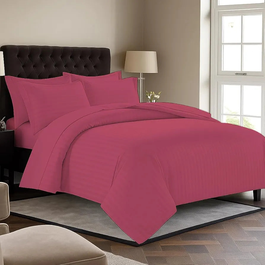 Trance Home Linen Zippered 100% Cotton 200TC Satin Stripe King Size Duvet Cover Quilt Cover Blanket Cover Razai Comforter Cover with 2 Pillow Covers Colour Rose Pink