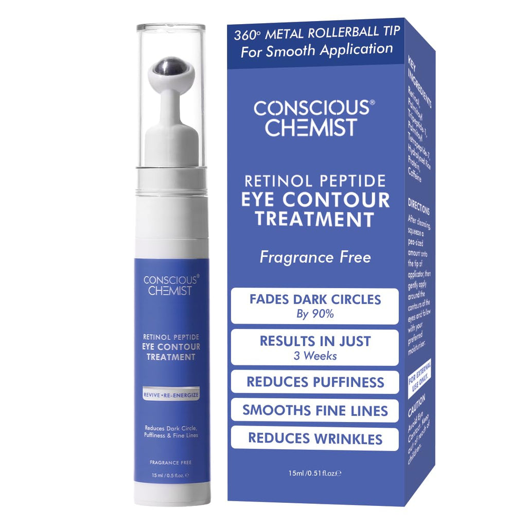 Conscious ChemistÂ® Retinol Peptide Under Eye Cream With Soothing Massage Roller | Under Eye Roll On For Dark Circles, Fine Lines & Puffy Eyes | For Women & Men | 15 ml