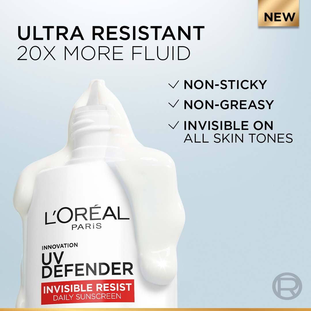 L'Oreal Paris Uv Defender Invisible Resist Daily Sunscreen Spf50+ Pa++++ 50Ml |All Skin Lightweight, Waterproof, Sweatproof & Protects From Pollution & Dust