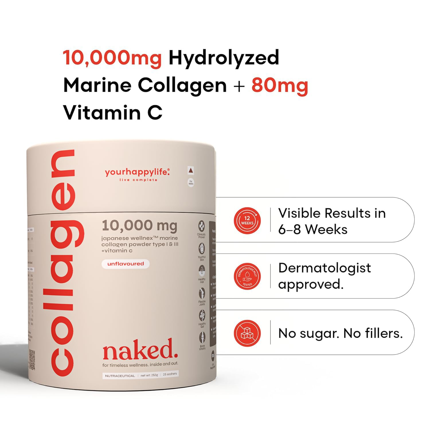YourHappyLife Naked Japanese Marine Collagen Supplement Type 1 & 3 with Vitamin C for Men & Women|Skin, Joints, Hair & Nails|10000mg Hydrolyzed Peptides Fast Absorption|Pack of 1 (250 gm)-Unflavoured