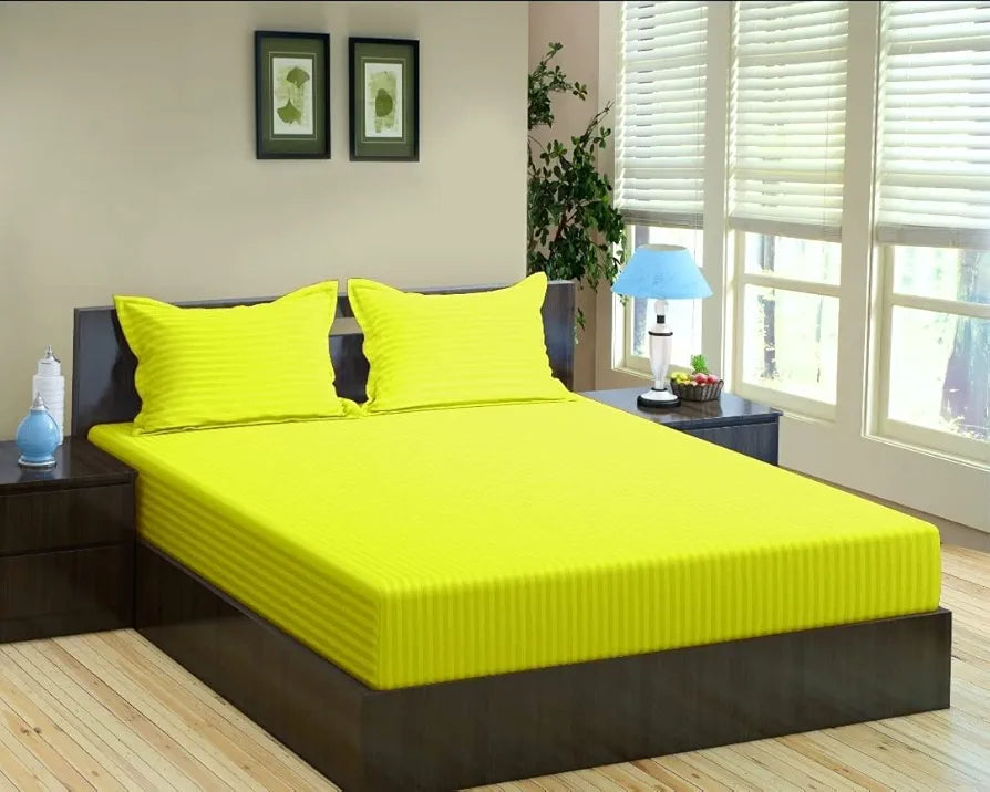 Trance Home Linen 100% Cotton 78x72 inch King Fitted 200TC Satin Stripe Elastic Fitted Bedsheet with 2 Pillow Covers Colour Canary Yellow