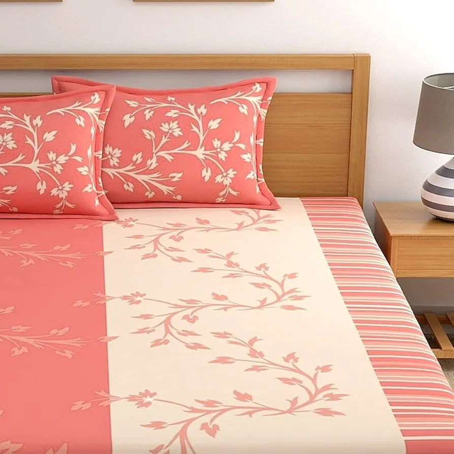 Dreamscape Cotton Floral King Fitted Bedsheet with 2 Pillow Covers Peach Bougainvillea