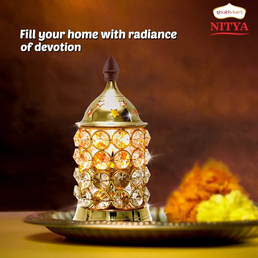 Shubhkart Nitya Crystal Deep Small Decorative Brass Crystal Oil Lamp Lantern Deep Jyot Diwali Tea Light Holder 180Gm