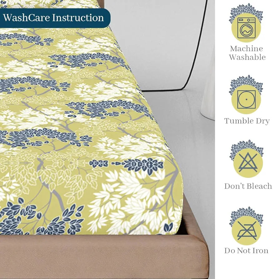 Divine Casa 144 TC Floral Green 100% Cotton Elastic Fitted Bedsheets King Size with 2 Pillow Covers Colour Muted Lime