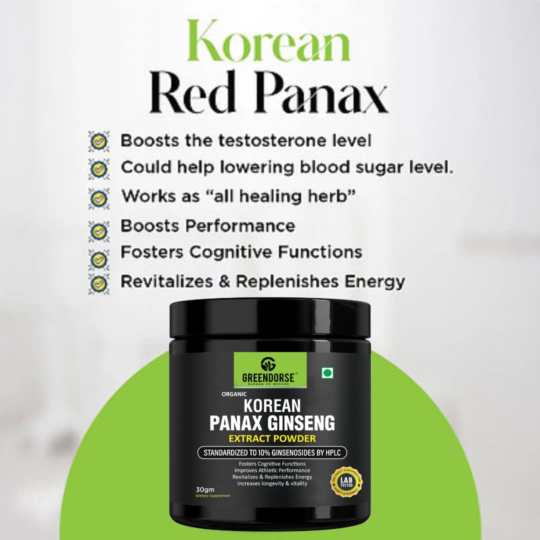 GREENDORSE Organic Korean Panax Ginseng Extract Powder |10% active Ginsenosides by HPLC | Lab tested| Immune & Cognitive support, Boosts Energy, Stamina, Vegan Friendly-30g