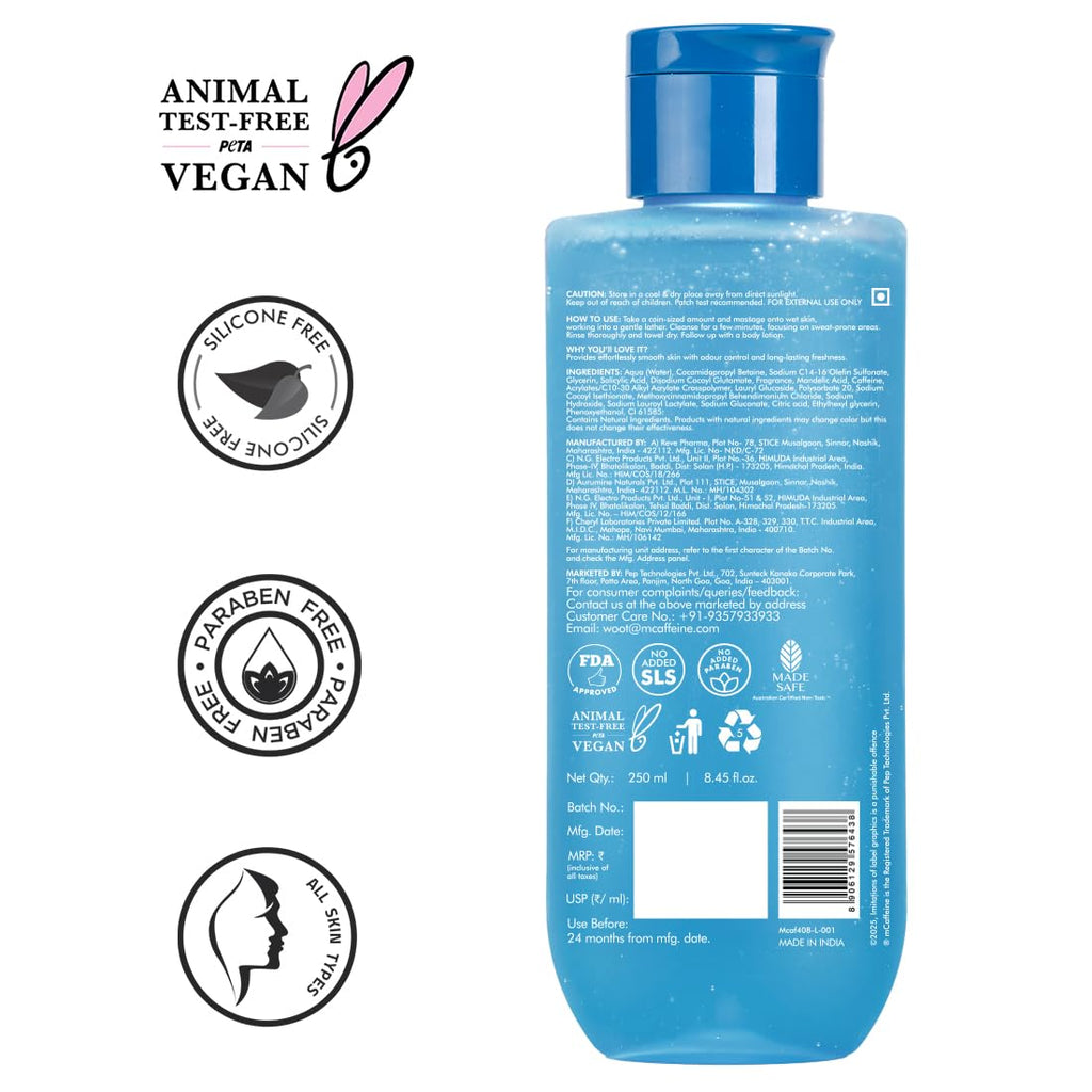 mCaffeine 2% Salicylic acid , 3-in-1 Perfume Body Wash - Odour Control, & Long Lasting Aqua Fresh Fragrance | Exfoliates & Smoothens Skin | Prevents Body Acne | Mandelic Acid | For Men & Women (250 ml)