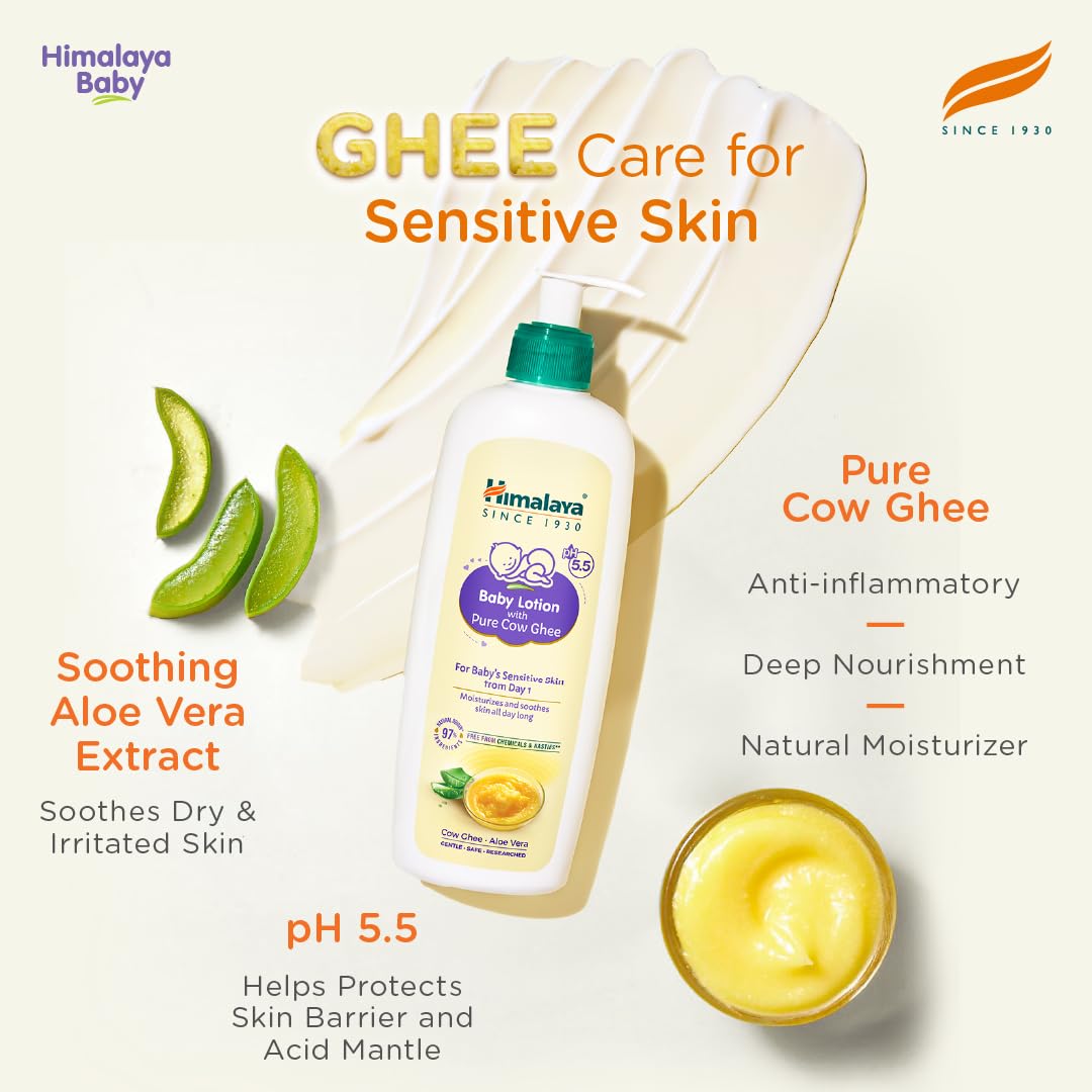 Himalaya Baby Lotion With Pure Cow Ghee 200Ml|Ph5.5|Pure Ghee|Aloe Vera|Safe For Newborns|For Baby's Sensitive Skin|No Parabens|No Phthalates|No Mineral Oil|No Synthetic Color|Dermatologically Tested