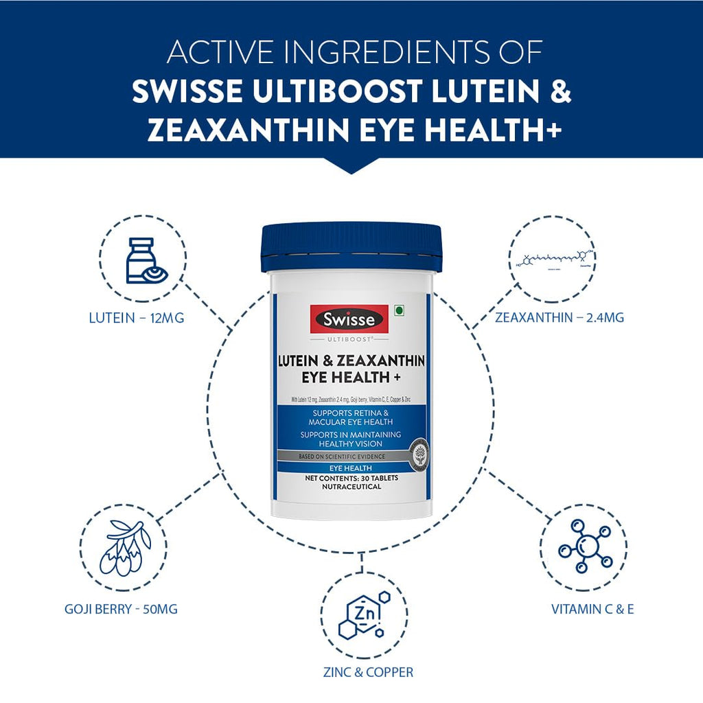Swisse Eye Health+ with Lutein & Zeaxanthin for Healthy Vision Support, Reduces Digital Strain & Fatigue From High Screen Time - 30 Tablets