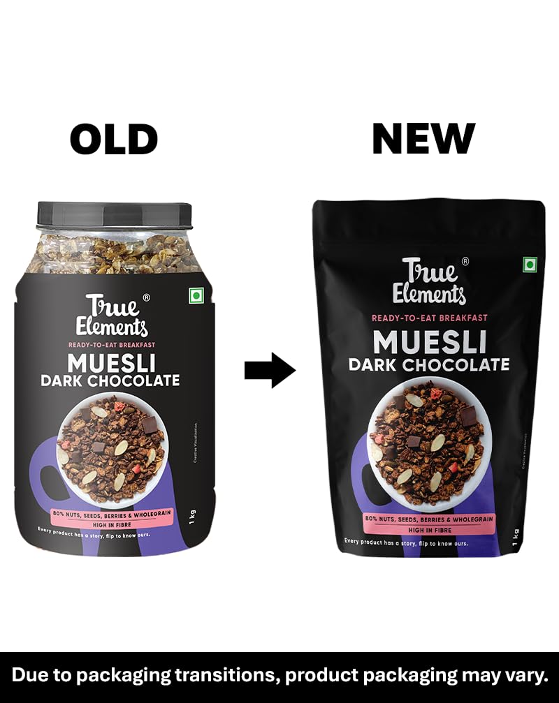 True Elements Dark Chocolate Muesli 1kg | Nuts & Berries Muesli | 13g Clean Protein | 13% Millet | Cereal for Breakfast | Gluten Free Breakfast