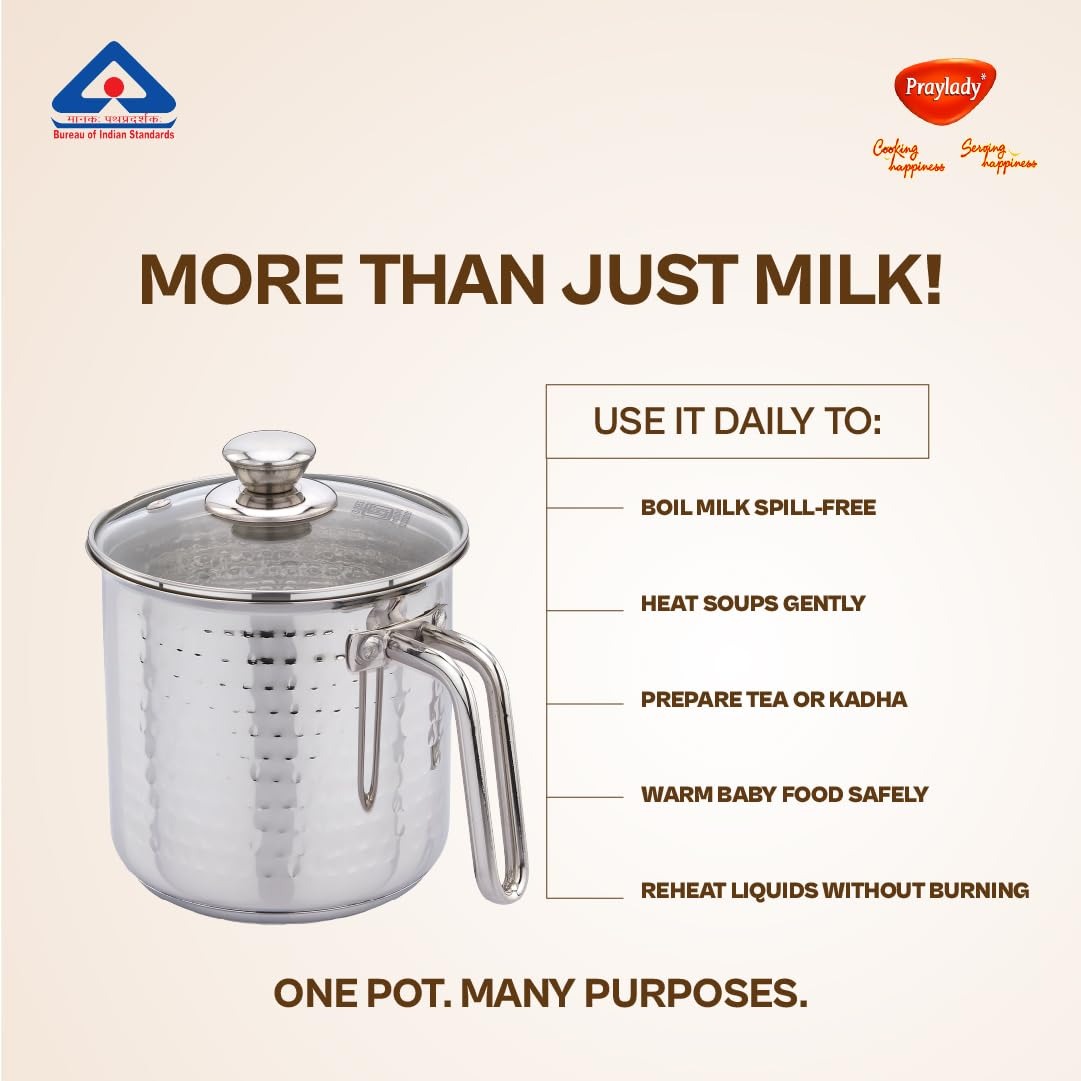 PrayLady Stainless Steel Milk Boiler with Glass Lid Hammered