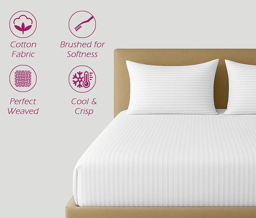 Trance Home Linen Cotton 300Tc Satin Stripe King Fitted Bed Sheet With 2 Pillow Covers 300 tc Colour White