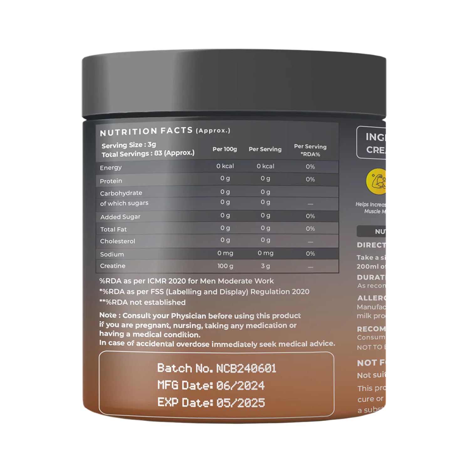 NATURALTEIN Creatine Monohydrate Unflavoured (250 Grams, 83 Servings)| Boosts Strength, Endurance & Muscle Recovery | No Fillers, No Preservatives|Fast Recovery|Increases Muscle Mass