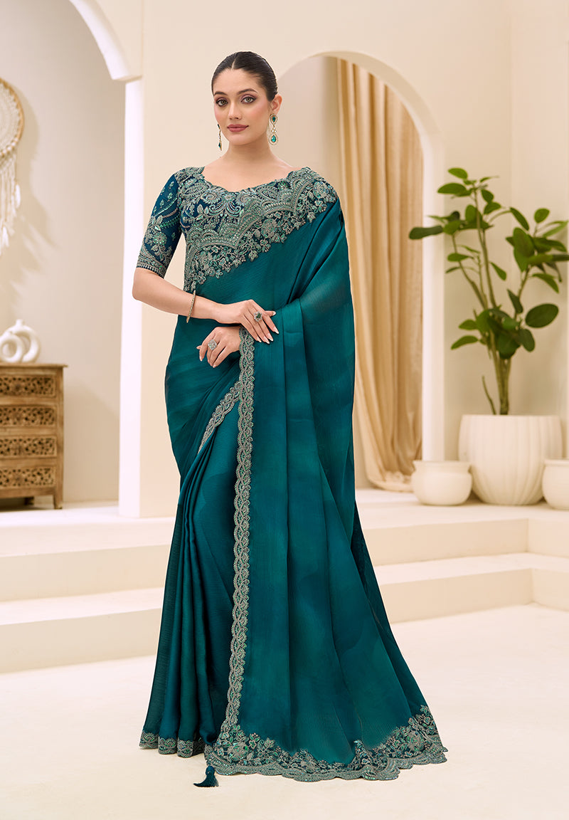 Monjolika Fashion Teal Faux Chiffon Satin Patch Border and Embroidered Work Saree