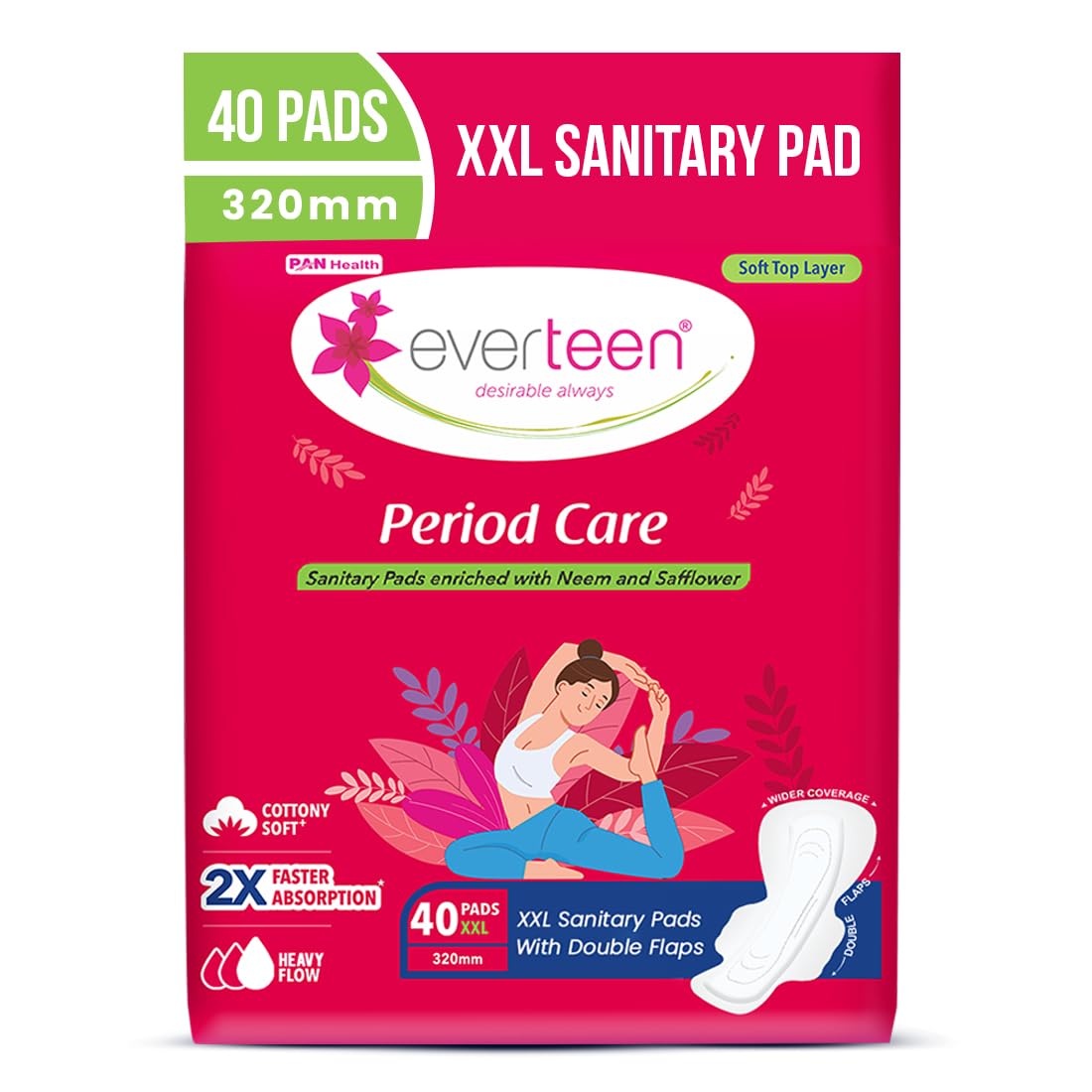 everteen XXL Sanitary Napkin Pads with Cottony-Soft Top Layer for Women Enriched with Neem and Safflower, XX-Large, 320mm Pack of 40,