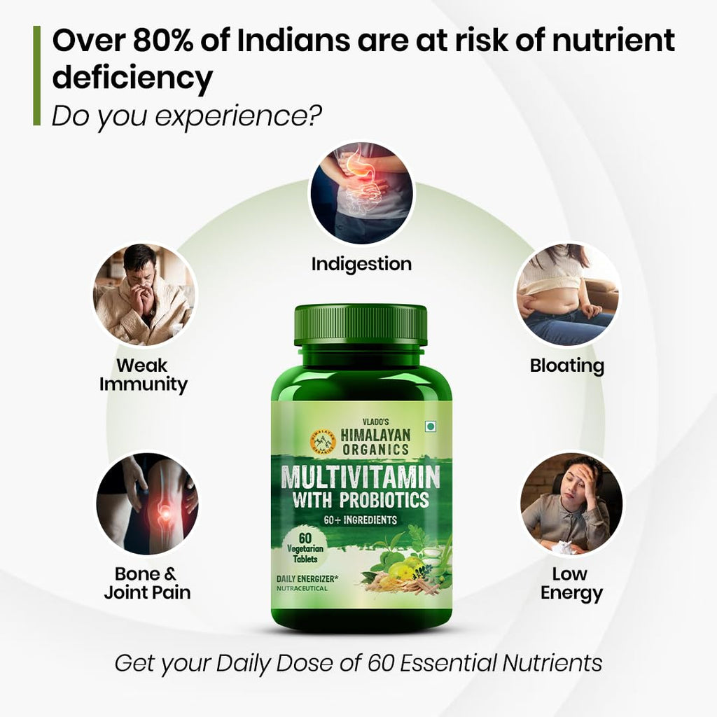 Vladoâ€™s Himalayan Organics Multivitamin Tablets for Men & women With Probiotics - 60+ Ingredients multi Vitamins Supplement For Men And Women | VItamin B1,B2,B3,B5,B6B9,B12,C,E,A,K2,D Magneisum with 5B CFU Probiotic Blends 60 Veg Tablets
