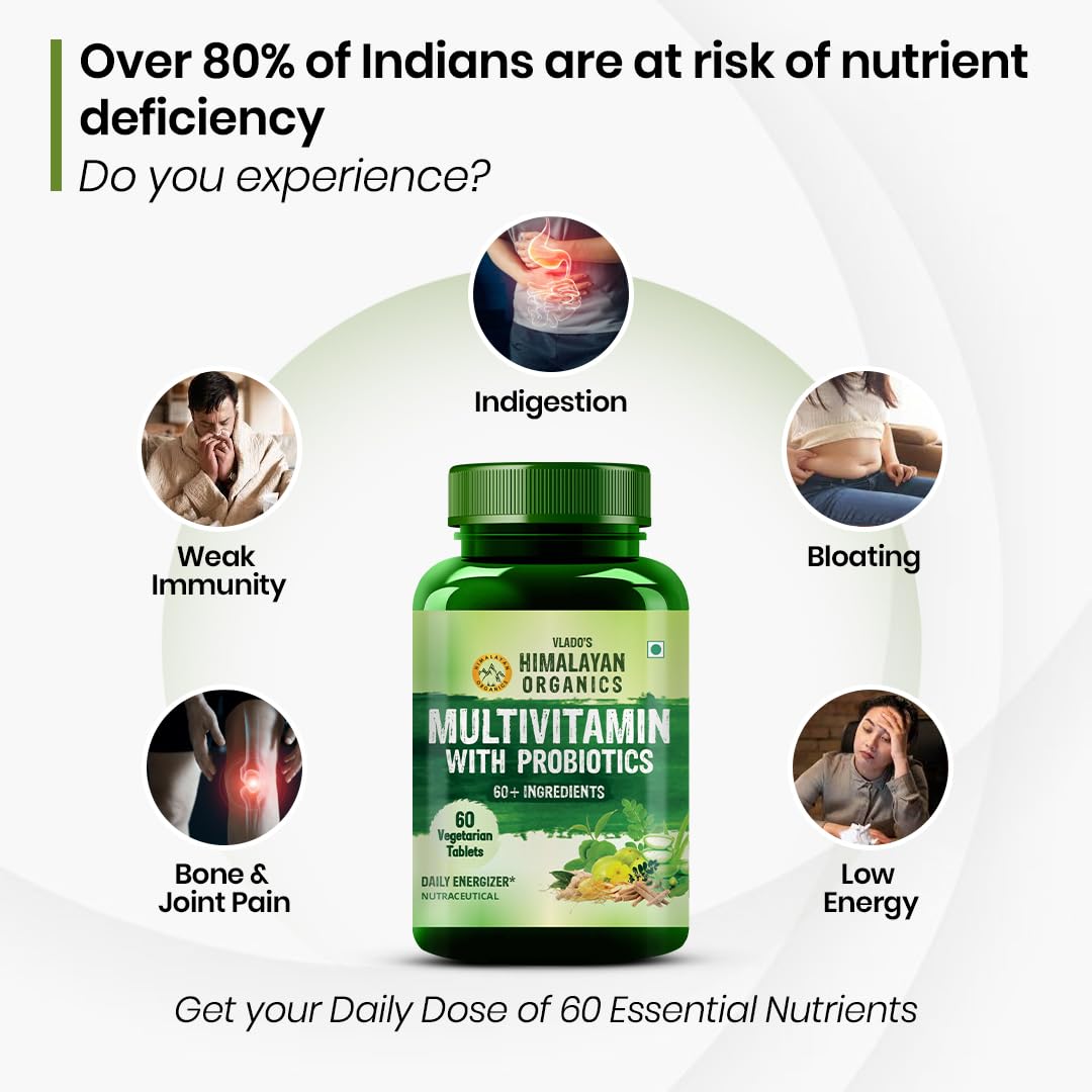 Vladoâ€™s Himalayan Organics Multivitamin Tablets for Men & women With Probiotics - 60+ Ingredients multi Vitamins Supplement For Men And Women | VItamin B1,B2,B3,B5,B6B9,B12,C,E,A,K2,D Magneisum with 5B CFU Probiotic Blends 60 Veg Tablets
