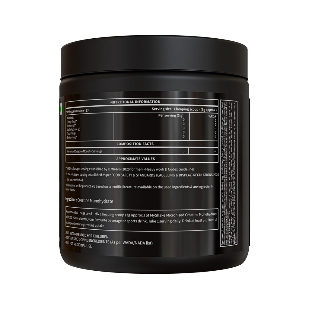 MyShake Micronised Creatine Powder - 250gm (83 Servings) | 3g Creatine Monohydrate Per Serve | Rapid Absorption, Boost Strength & Fuels Muscle | Supports Athletic Performance & Power